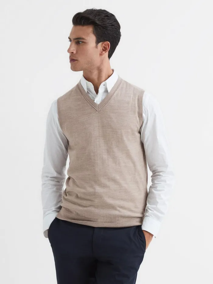Reiss Knitwear Styles Sleeveless Merino Vest Wheat Melange 8211 Men