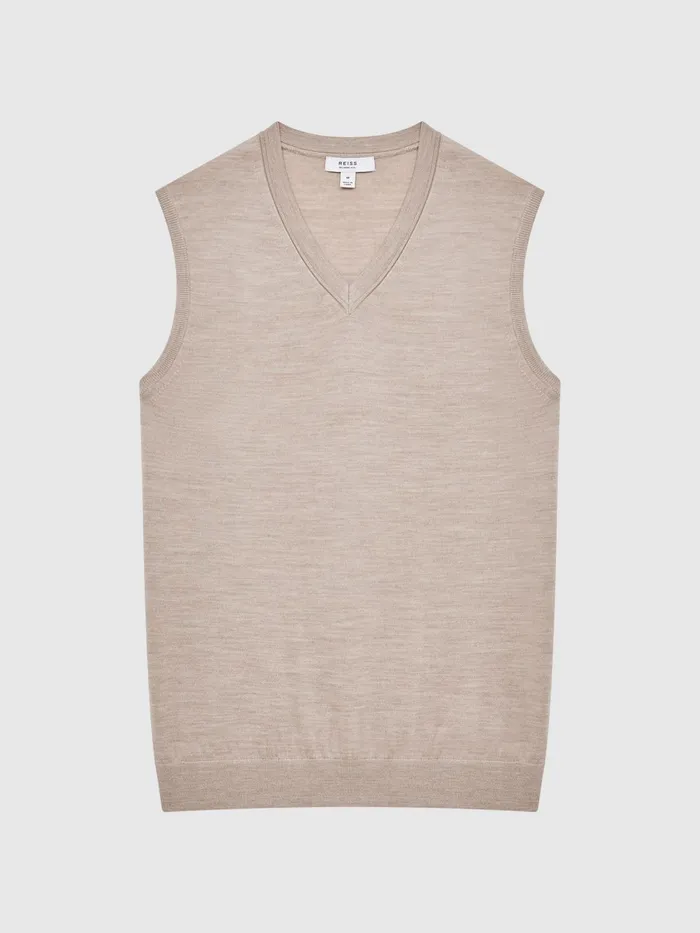 Reiss Knitwear Styles Sleeveless Merino Vest Wheat Melange 8211 Men