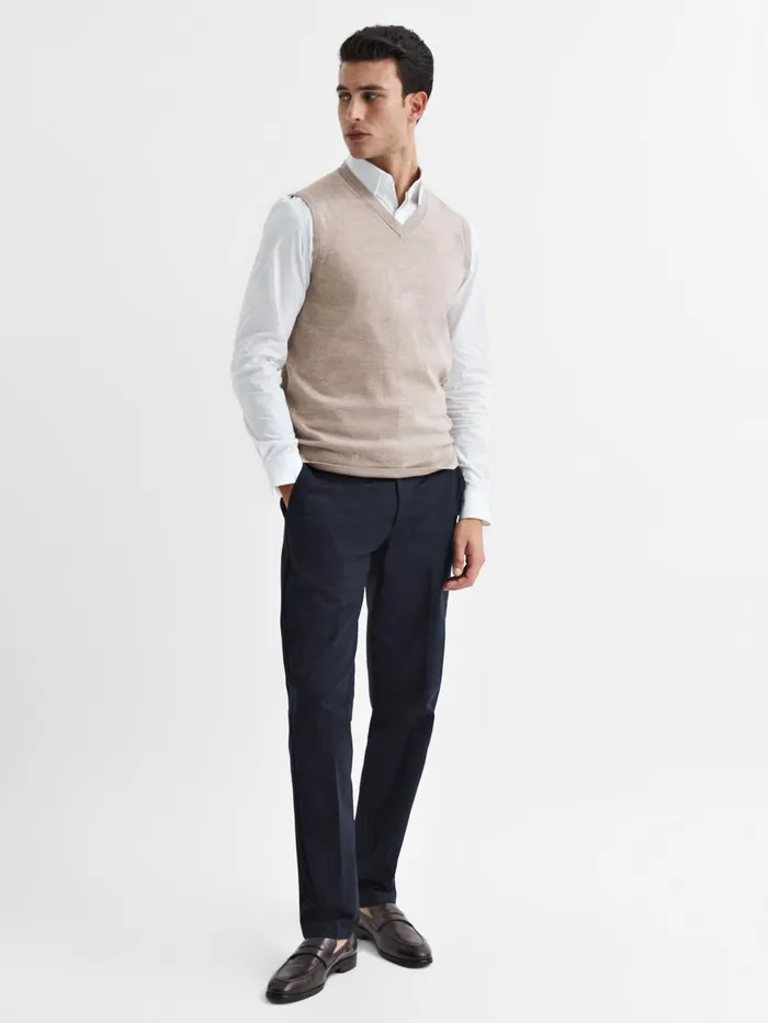 Reiss Knitwear Styles Sleeveless Merino Vest Wheat Melange 8211 Men