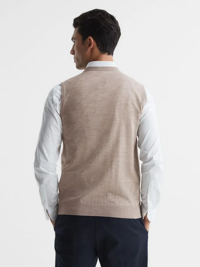 Reiss Knitwear Styles Sleeveless Merino Vest Wheat Melange 8211 Men