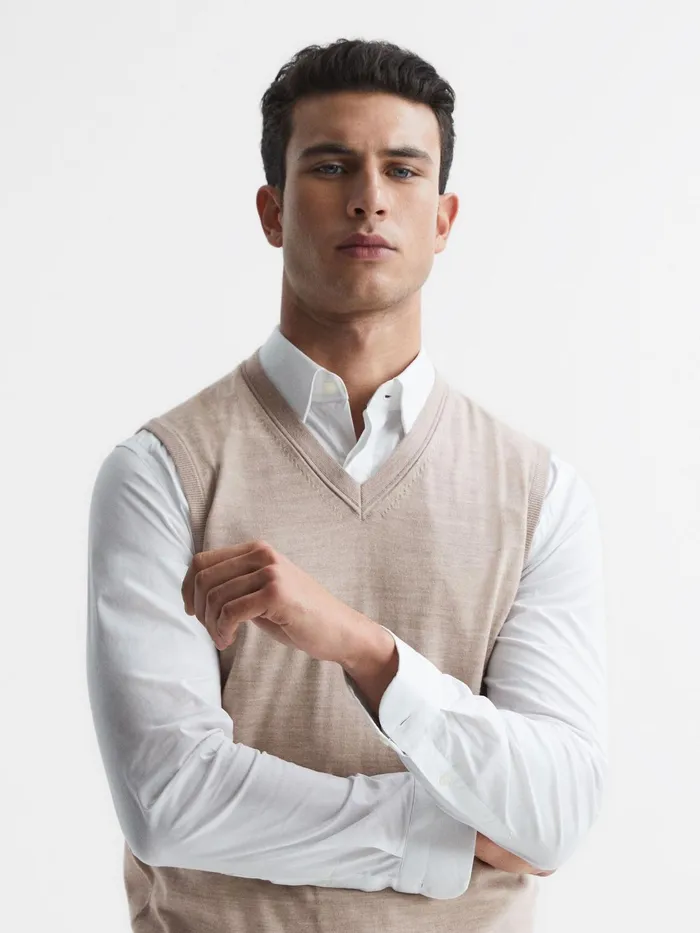 Reiss Knitwear Styles Sleeveless Merino Vest Wheat Melange 8211 Men