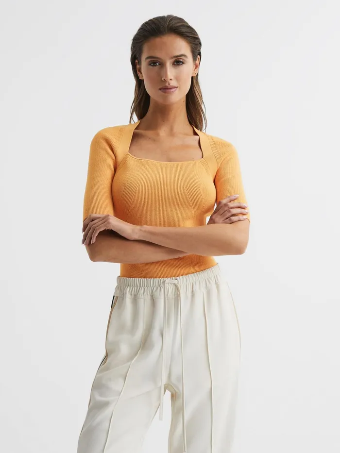 Reiss Knitwear Tina Square Neck Ribbed Top Orange 8211 Women