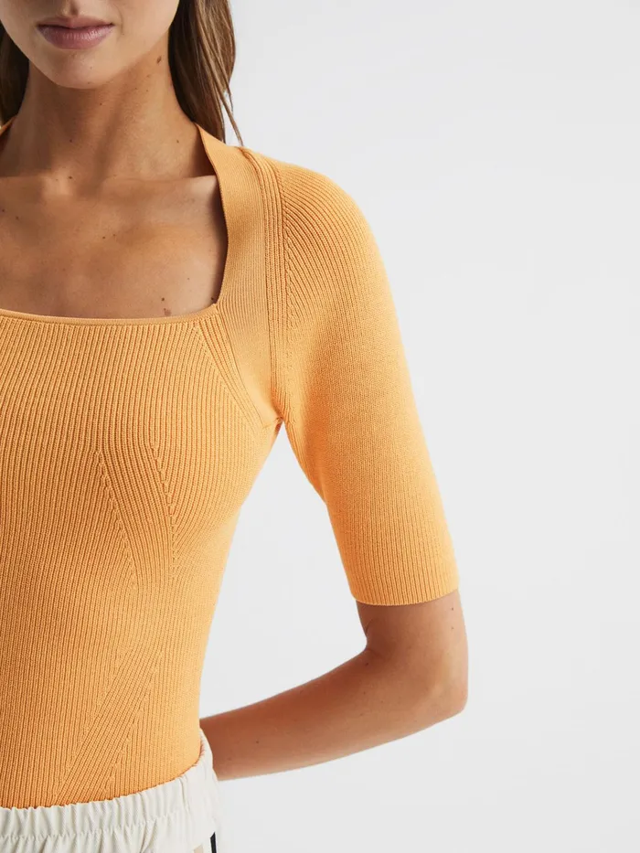 Reiss Knitwear Tina Square Neck Ribbed Top Orange 8211 Women