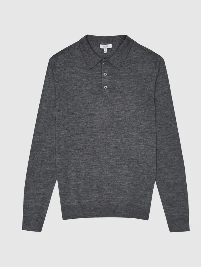 Reiss Knitwear Trafford Merino Wool Polo Shirt Mid Grey Melange 8211 Men