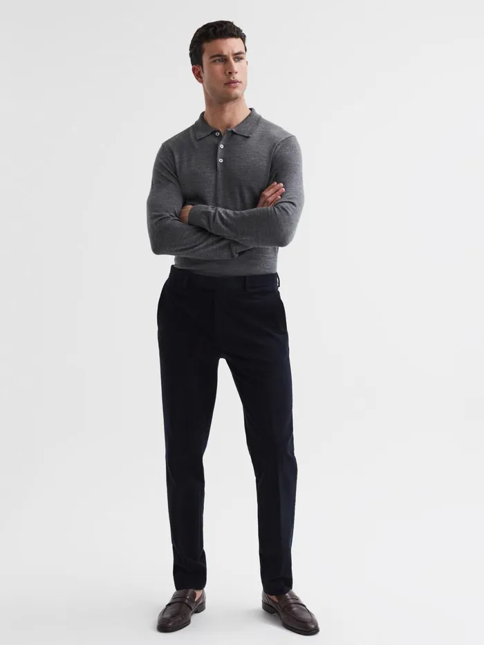 Reiss Knitwear Trafford Merino Wool Polo Shirt Mid Grey Melange 8211 Men