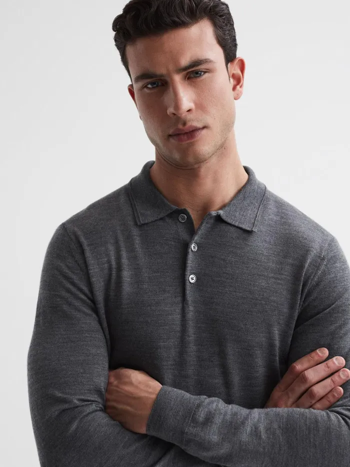 Reiss Knitwear Trafford Merino Wool Polo Shirt Mid Grey Melange 8211 Men