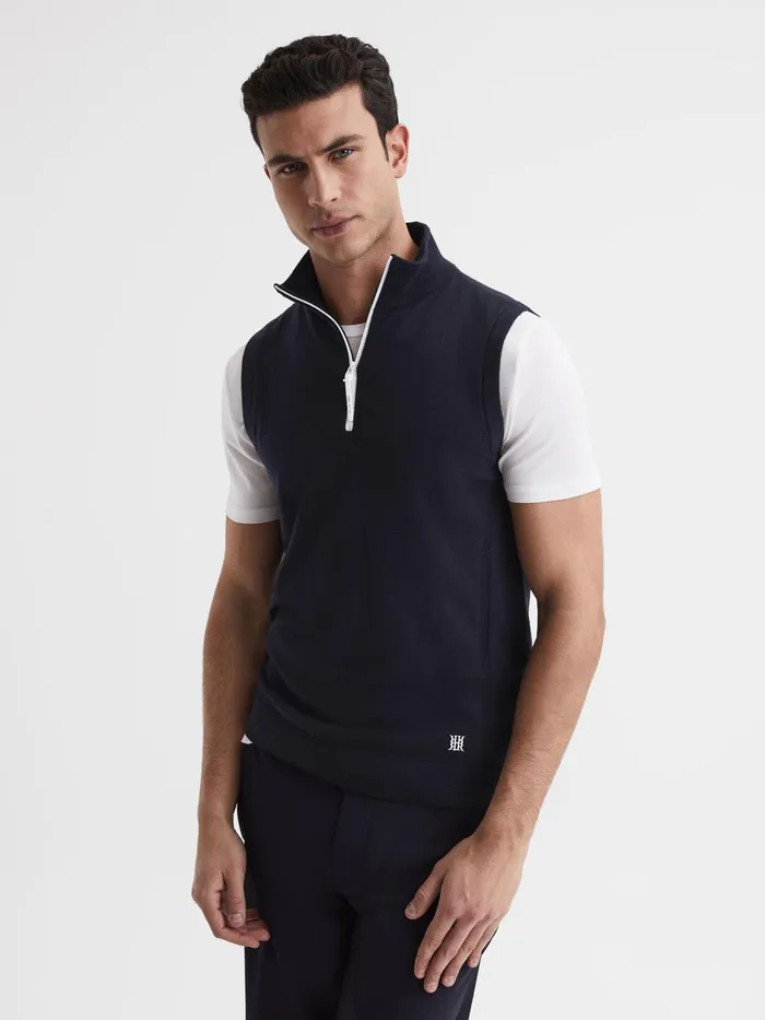 Reiss Knitwear Wedge Golf Merino Sleeveless HalfZip Jumper Navy 8211 Men