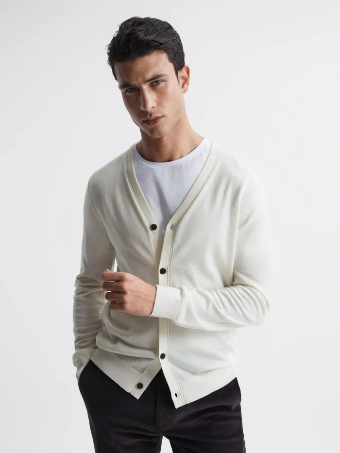 Reiss Knitwear West Merino Wool Cardigan Blanco 8211 Men