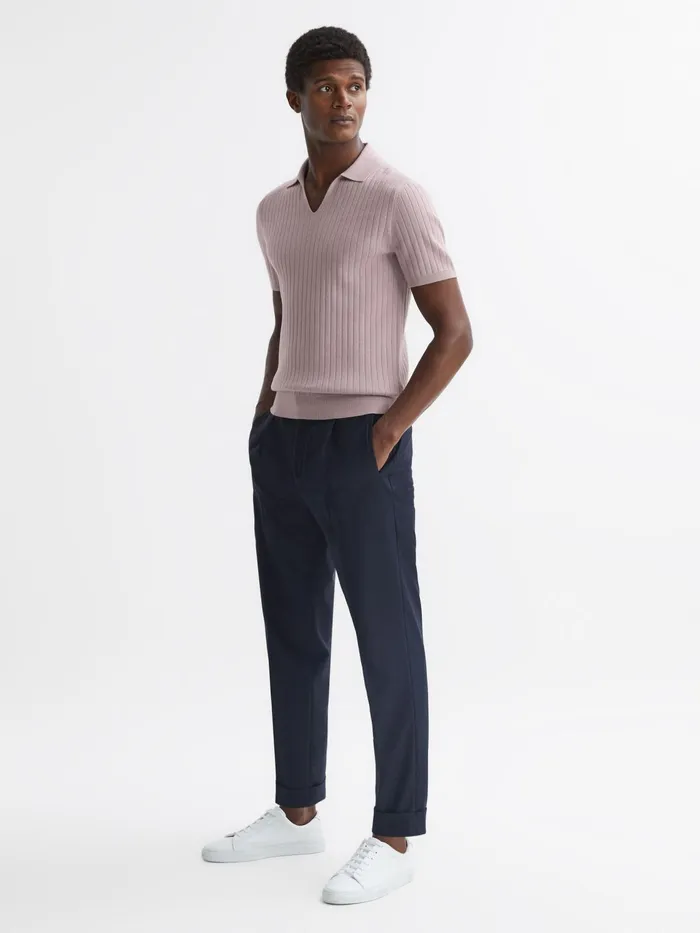 Reiss Polo Shirts Felix Slim Fit Short Sleeve Open Collar Ribbed Polo Shirt Cherry Pink 8211 Men