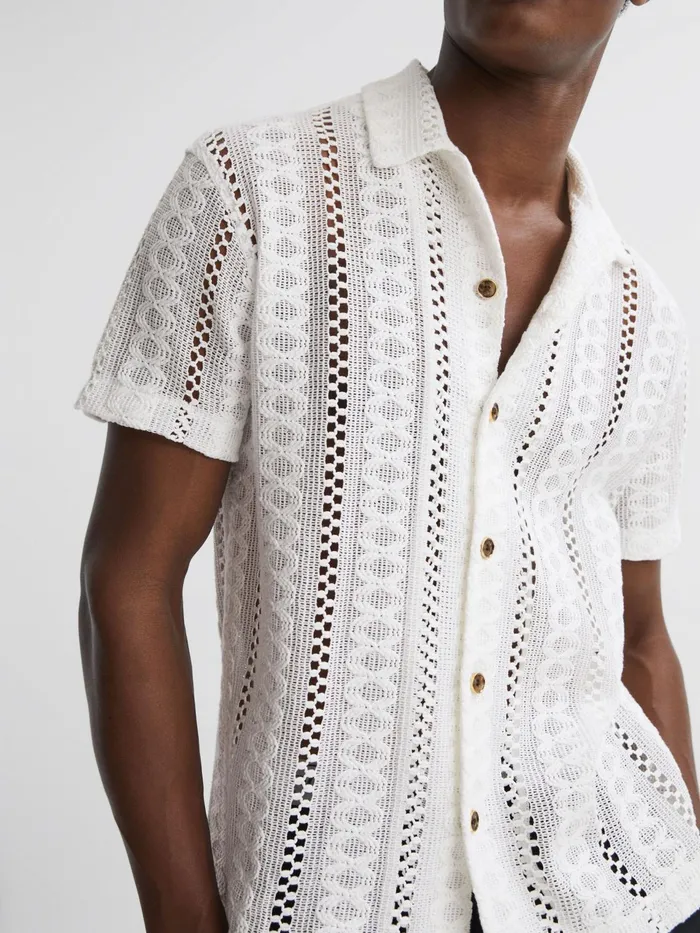 Reiss Polo Shirts Palm Reiss Ch Knitted Cuban Collar Button Through Shirt Ecru 8211 Men