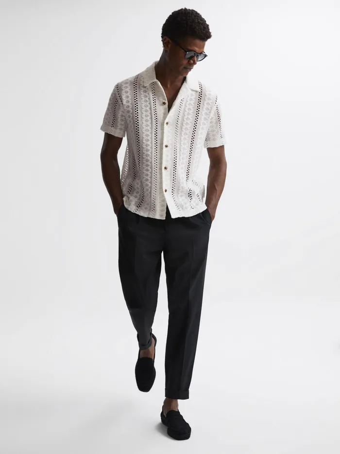Reiss Polo Shirts Palm Reiss Ch Knitted Cuban Collar Button Through Shirt Ecru 8211 Men