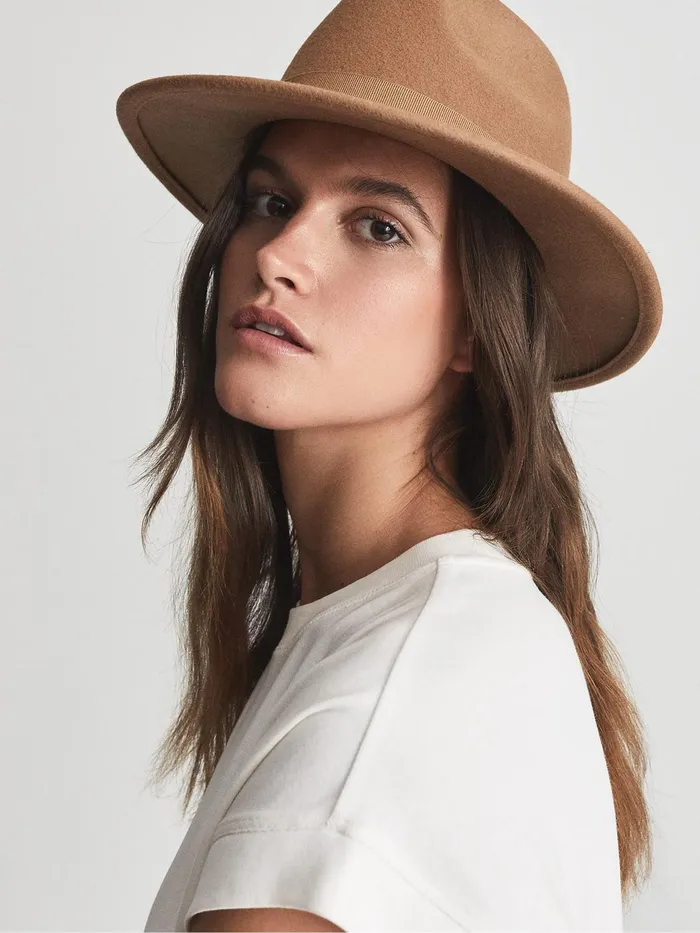 Reiss Scarves Hats and Gloves Ashbourne Wool Fedora Hat Camel 8211 Women