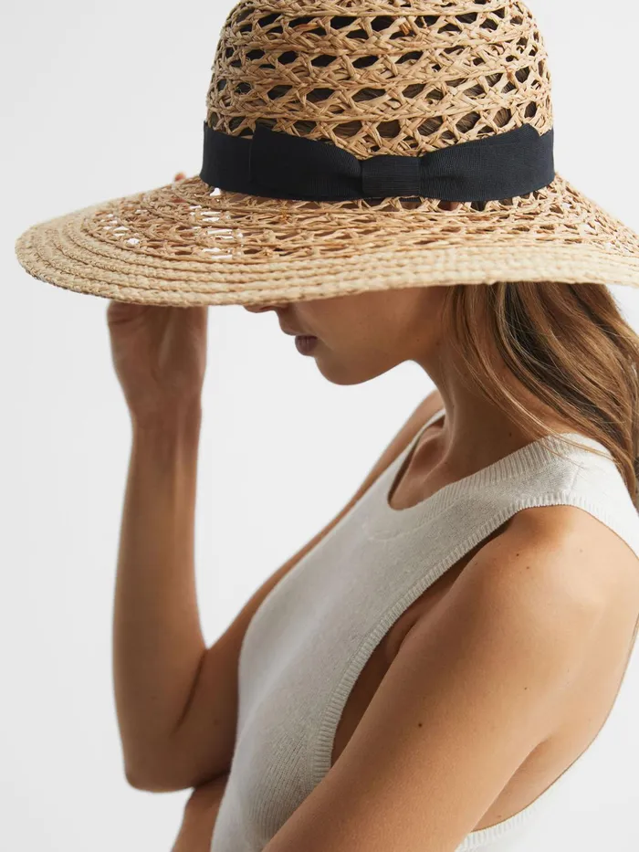 Reiss Scarves Hats and Gloves Eloise Crochet Raffia Wide Brim Hat Neutral 8211 Women