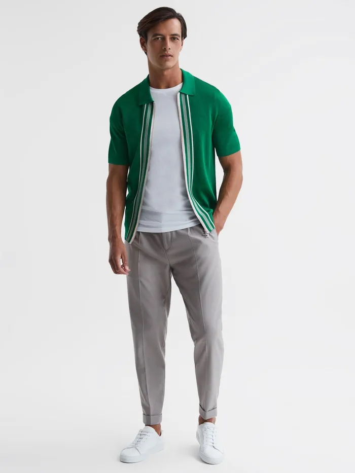 Reiss Shirts Castleton Zip Front Striped Polo Shirt Green 8211 Men