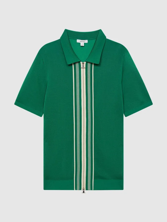 Reiss Shirts Castleton Zip Front Striped Polo Shirt Green 8211 Men