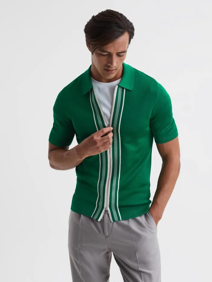 Reiss Shirts Castleton Zip Front Striped Polo Shirt Green 8211 Men