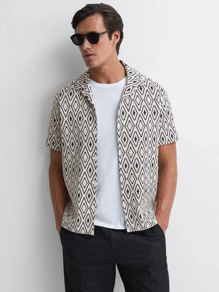 Reiss Shirts Cedar Jacquard Cuban Collar Shirt Whiteblack 8211 Men