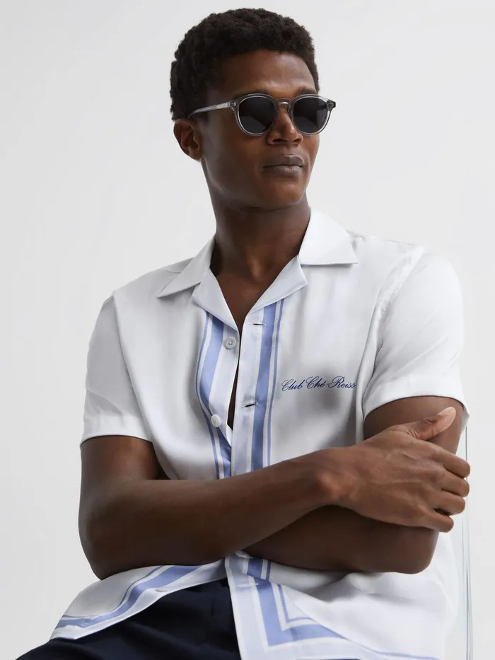 Reiss Shirts Chateau Reiss Ch Motif Cuban Collar ButtonThrough Shirt Whiteblue 8211 Men
