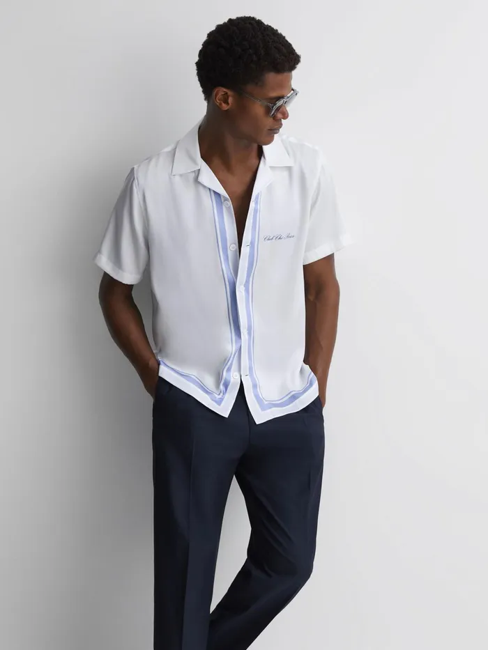 Reiss Shirts Chateau Reiss Ch Motif Cuban Collar ButtonThrough Shirt Whiteblue 8211 Men