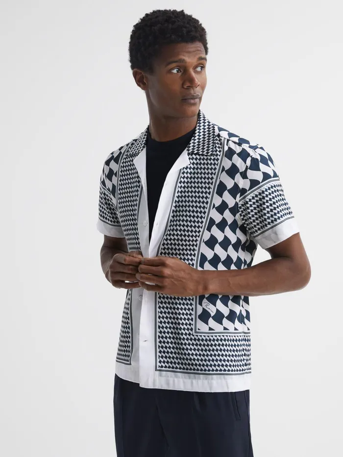 Reiss Shirts Devaroe Slim Fit Cuban Collar Short Sleeve Shirt Navyivory 8211 Men