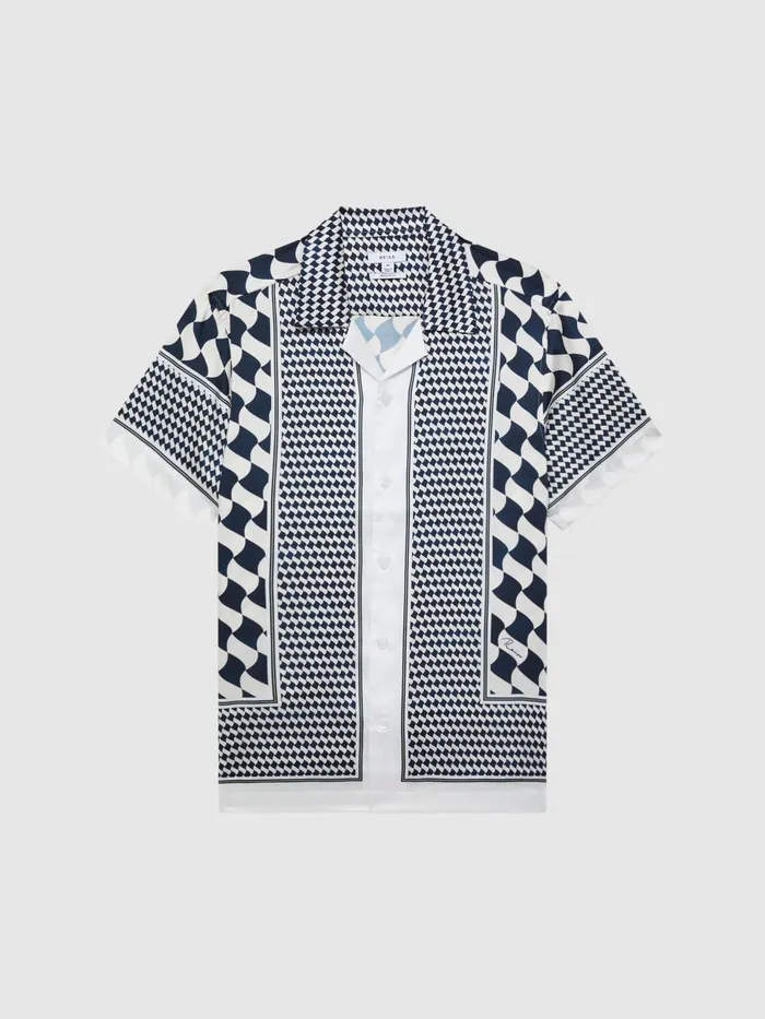 Reiss Shirts Devaroe Slim Fit Cuban Collar Short Sleeve Shirt Navyivory 8211 Men