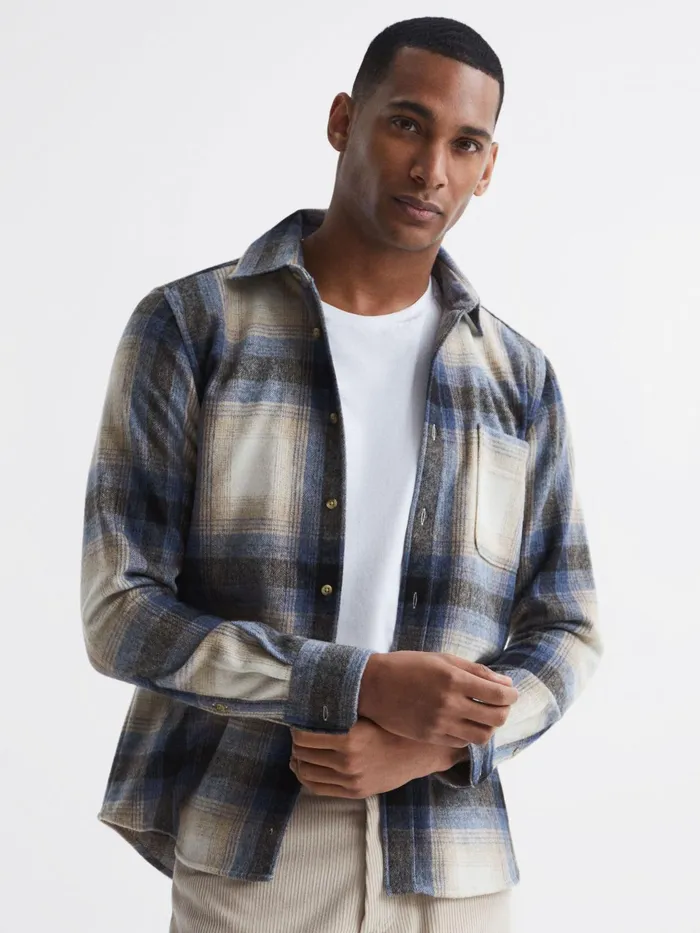 Reiss Shirts Frey Long Sleeve Brushed Checked Overshirt Blue Multi 8211 Men