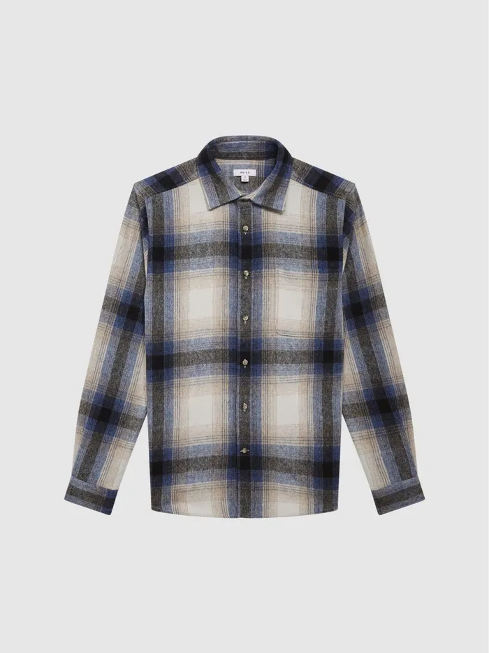 Reiss Shirts Frey Long Sleeve Brushed Checked Overshirt Blue Multi 8211 Men