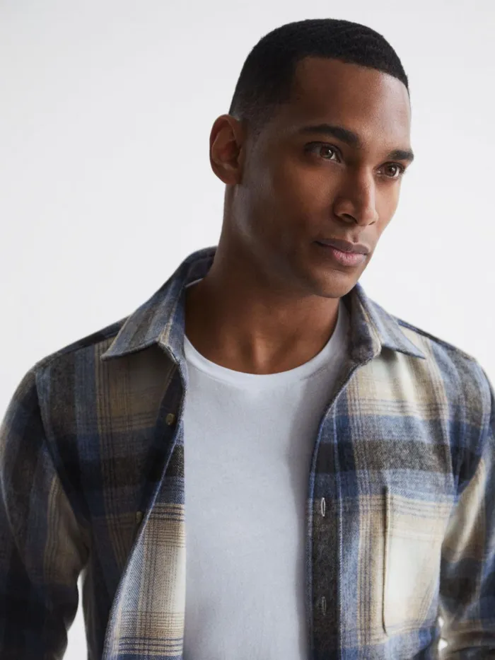 Reiss Shirts Frey Long Sleeve Brushed Checked Overshirt Blue Multi 8211 Men