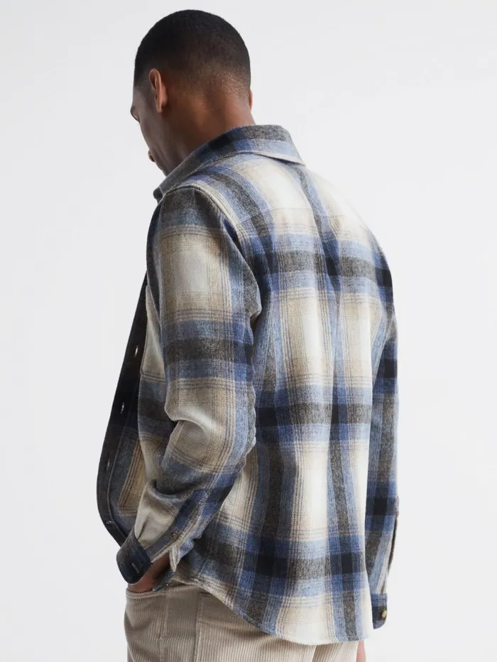 Reiss Shirts Frey Long Sleeve Brushed Checked Overshirt Blue Multi 8211 Men
