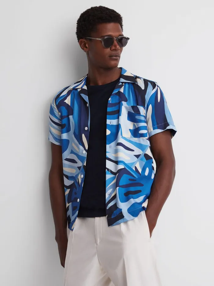 Reiss Shirts Khalid Slim Fit Cuban Collar Printed Shirt Blue 8211 Men