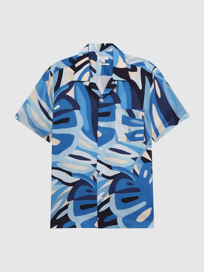 Reiss Shirts Khalid Slim Fit Cuban Collar Printed Shirt Blue 8211 Men