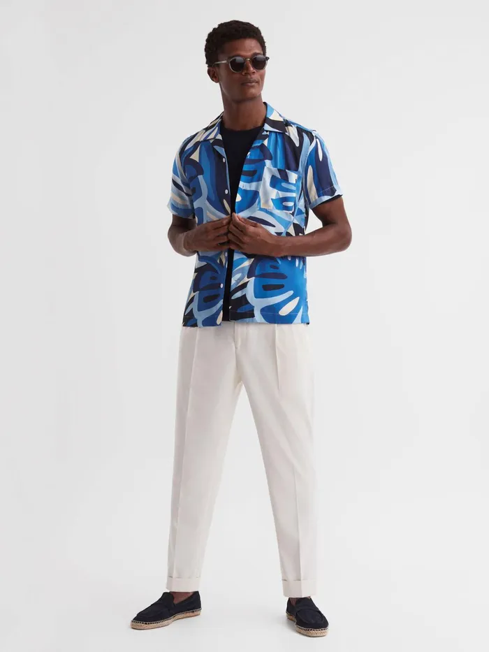 Reiss Shirts Khalid Slim Fit Cuban Collar Printed Shirt Blue 8211 Men