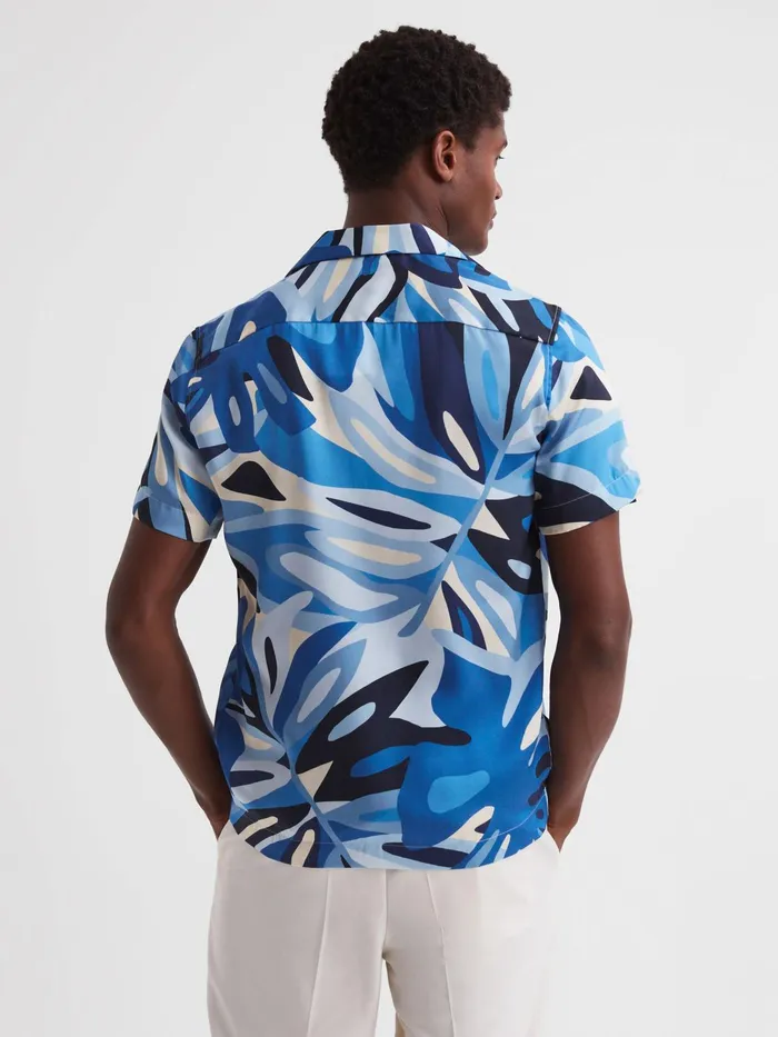 Reiss Shirts Khalid Slim Fit Cuban Collar Printed Shirt Blue 8211 Men