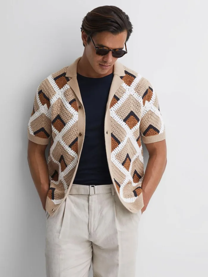 Reiss Shirts Locco Crochet Cuban Collar Shirt Beige 8211 Men