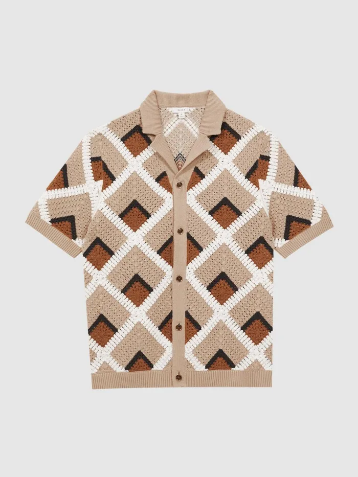 Reiss Shirts Locco Crochet Cuban Collar Shirt Beige 8211 Men