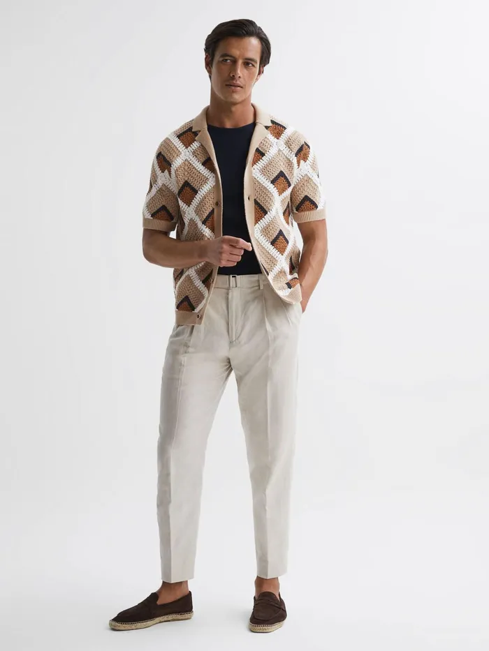 Reiss Shirts Locco Crochet Cuban Collar Shirt Beige 8211 Men