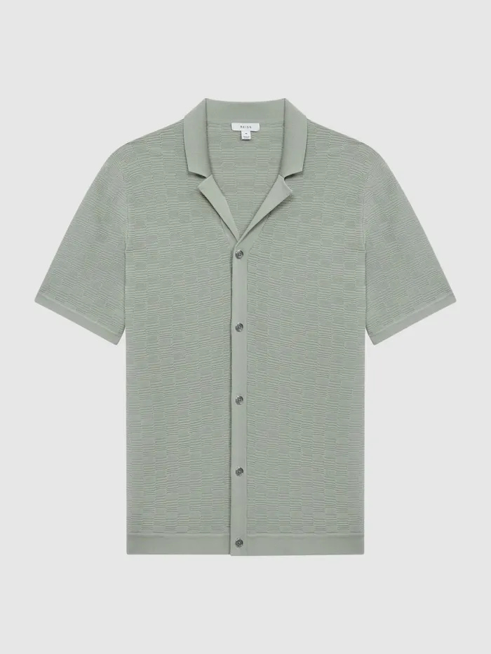 Reiss Shirts Lunar Textured Cuban Collar ButtonThrough Shirt Sage 8211 Men
