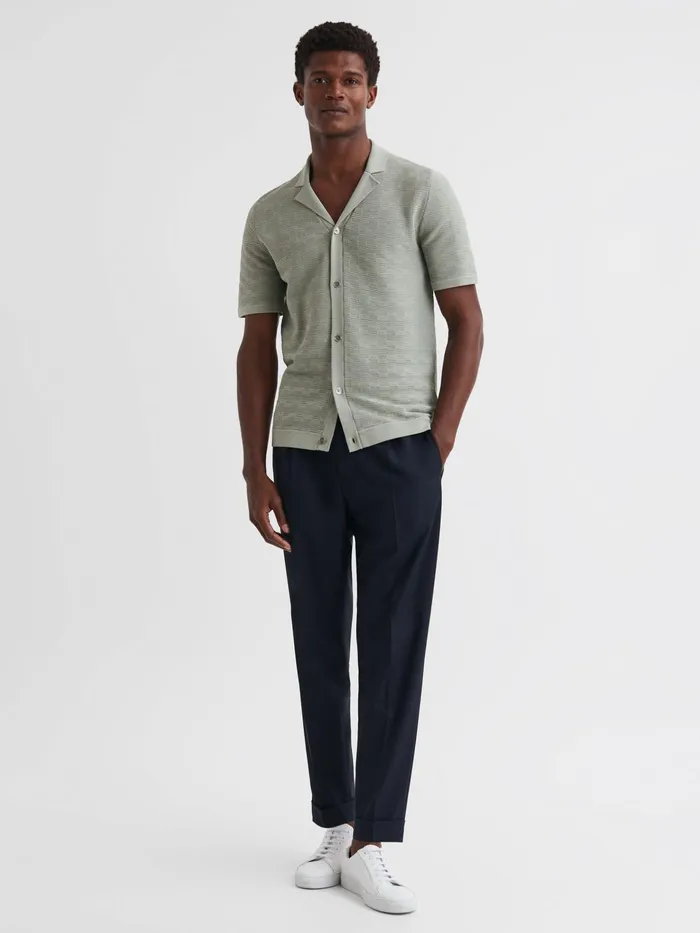Reiss Shirts Lunar Textured Cuban Collar ButtonThrough Shirt Sage 8211 Men