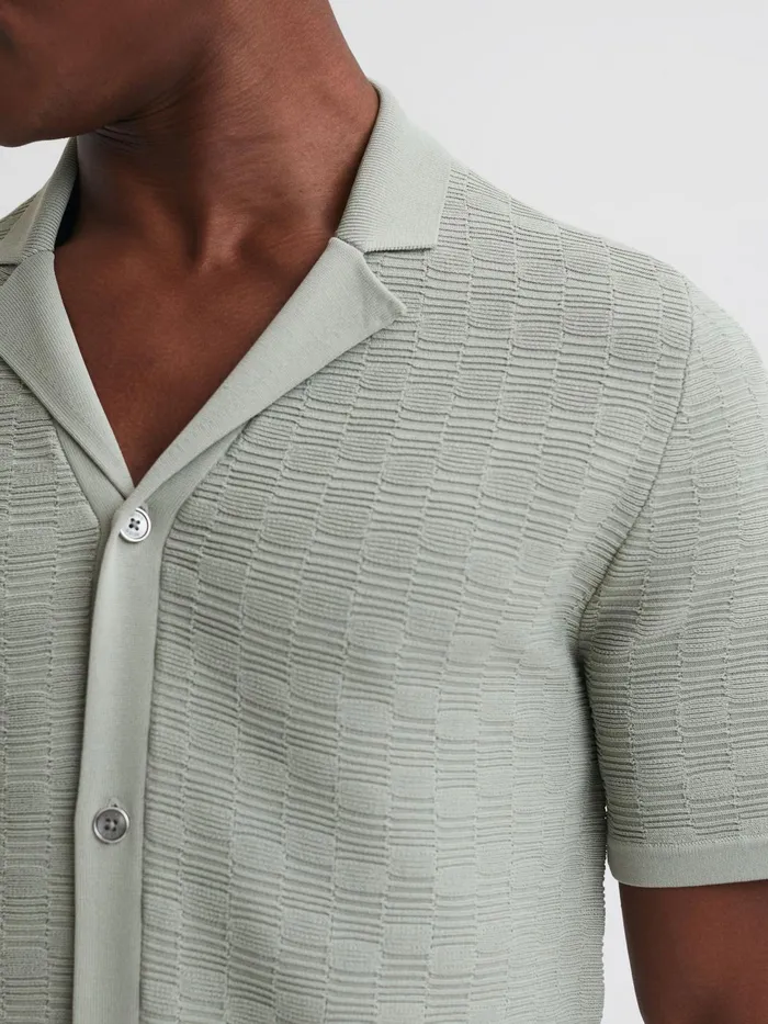 Reiss Shirts Lunar Textured Cuban Collar ButtonThrough Shirt Sage 8211 Men
