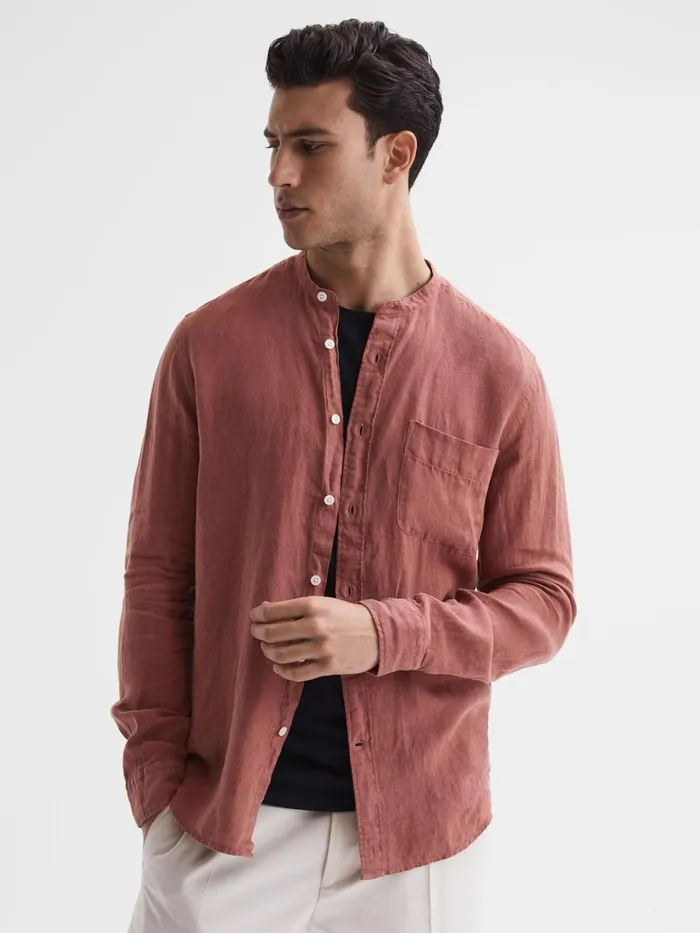 Reiss Shirts Ocean Linen Grandad Collar Shirt Chocolate 8211 Men