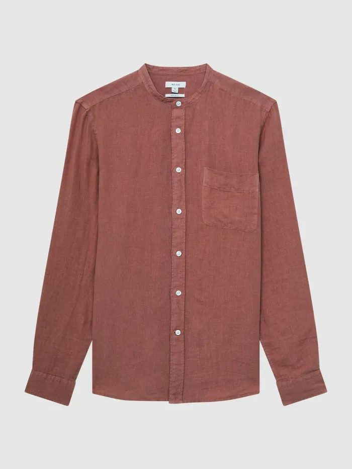 Reiss Shirts Ocean Linen Grandad Collar Shirt Chocolate 8211 Men