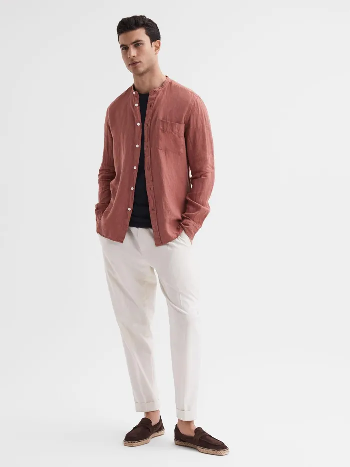 Reiss Shirts Ocean Linen Grandad Collar Shirt Chocolate 8211 Men