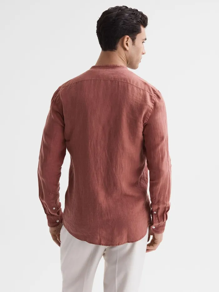 Reiss Shirts Ocean Linen Grandad Collar Shirt Chocolate 8211 Men