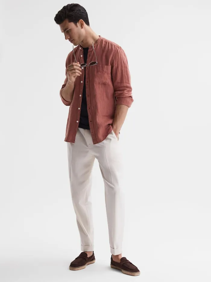 Reiss Shirts Ocean Linen Grandad Collar Shirt Chocolate 8211 Men