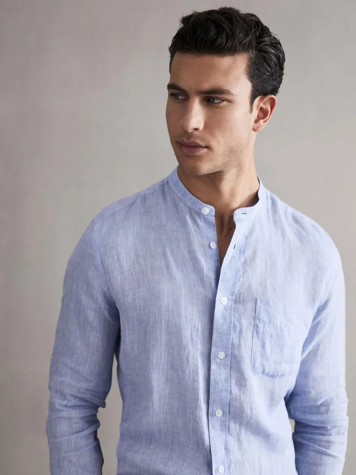 Reiss Shirts Ocean Linen Grandad Collar Shirt Soft Blue 8211 Men