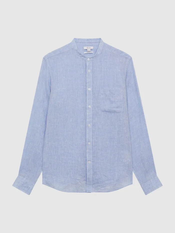 Reiss Shirts Ocean Linen Grandad Collar Shirt Soft Blue 8211 Men