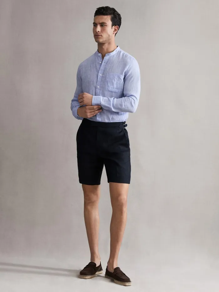 Reiss Shirts Ocean Linen Grandad Collar Shirt Soft Blue 8211 Men