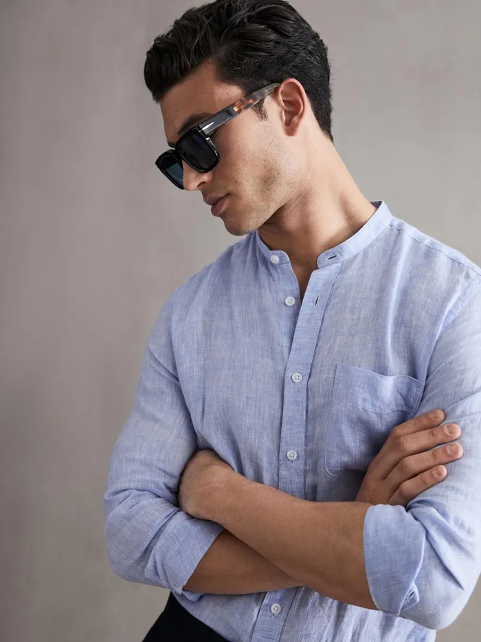 Reiss Shirts Ocean Linen Grandad Collar Shirt Soft Blue 8211 Men