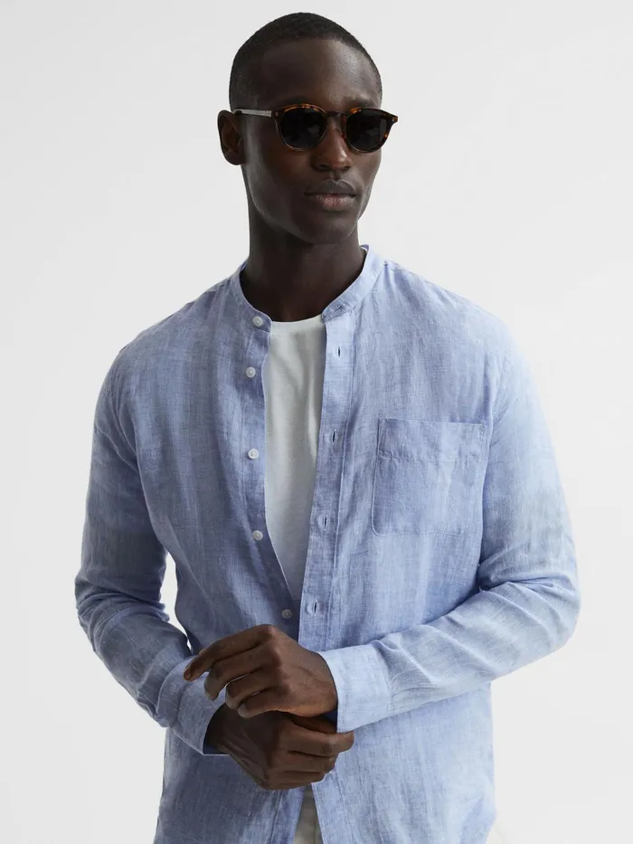 Reiss Shirts Ocean Linen Grandad Collar Shirt Soft Blue 8211 Men