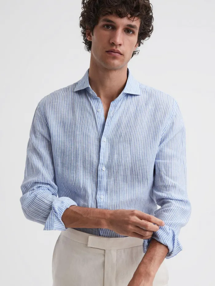 Reiss Shirts Ruban Linen Long Sleeve Shirt Blue Stripe 8211 Men